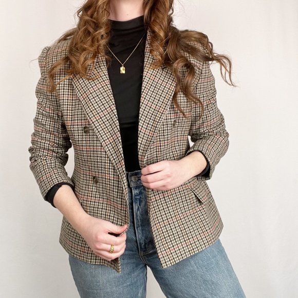 Vintage Oversized Double Breasted Houndstooth Plaid Wool Knit Blazer Jacket Coat - Picture 7 of 7